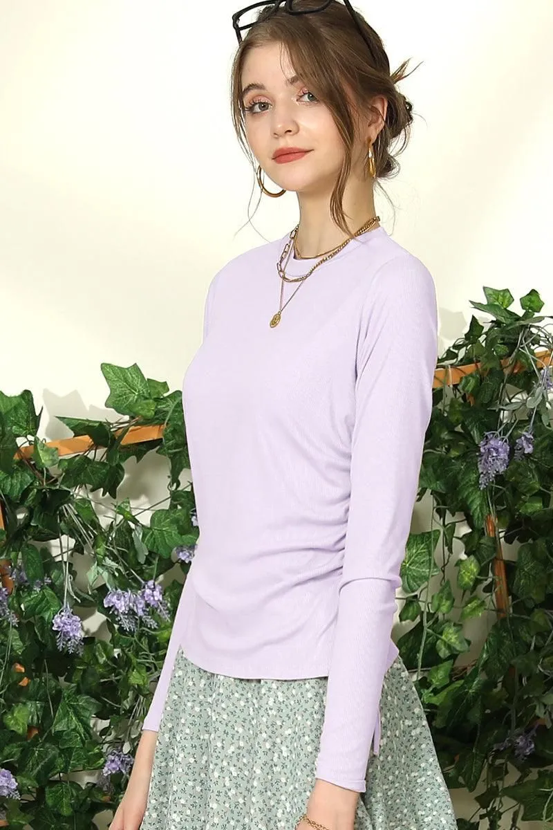 CREW NECK LONG SLEEVE LACE-UP STRING SHIRRING TOP