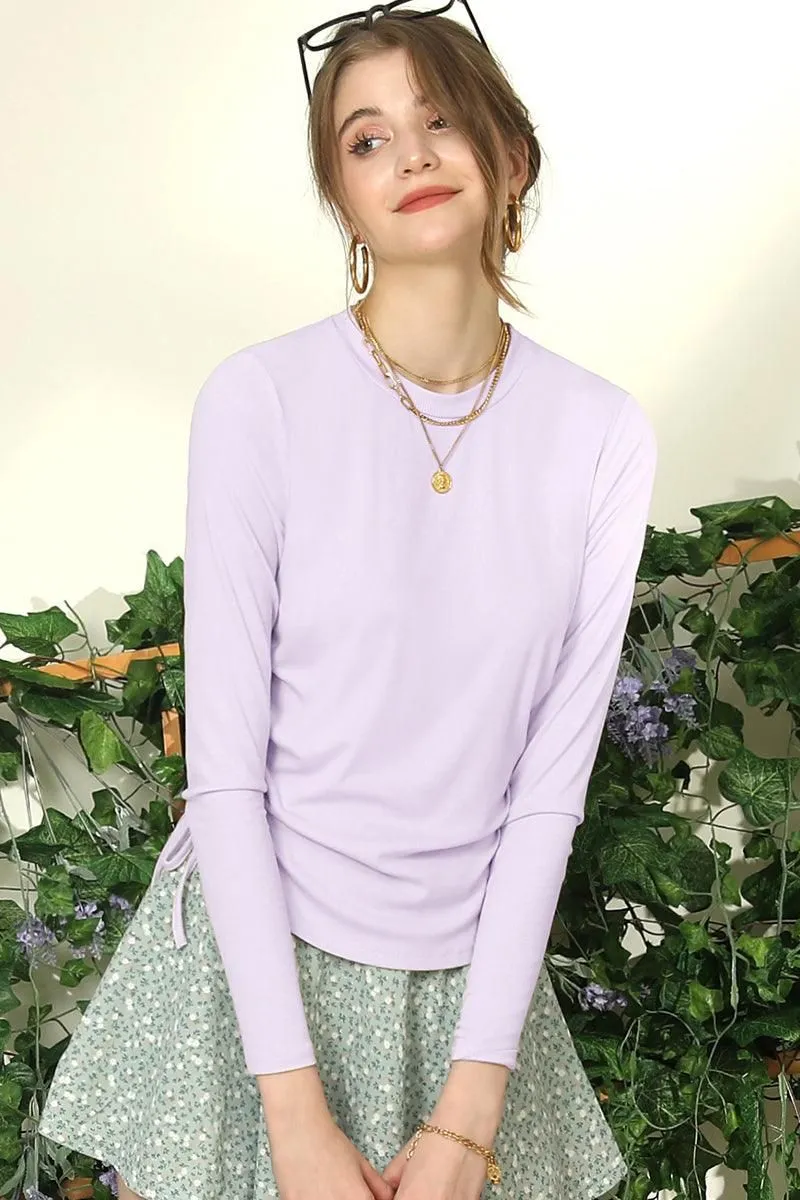 CREW NECK LONG SLEEVE LACE-UP STRING SHIRRING TOP