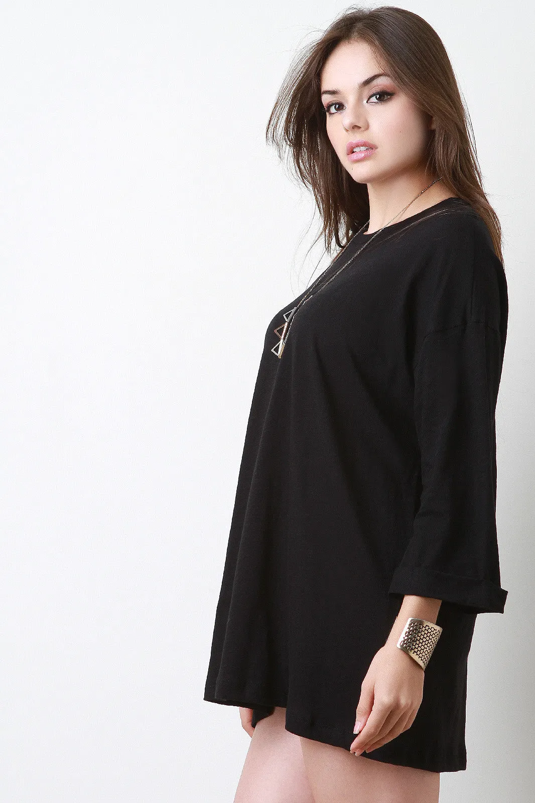 Cuffed Quarter Sleeves Mini Shift Dress