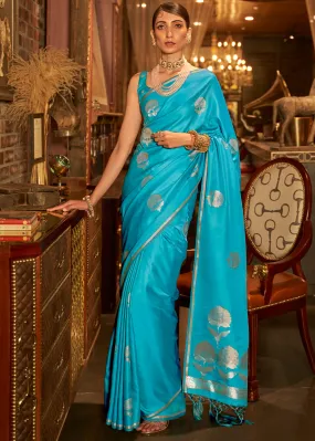 Cyan Blue Zari Woven Satin Silk Saree