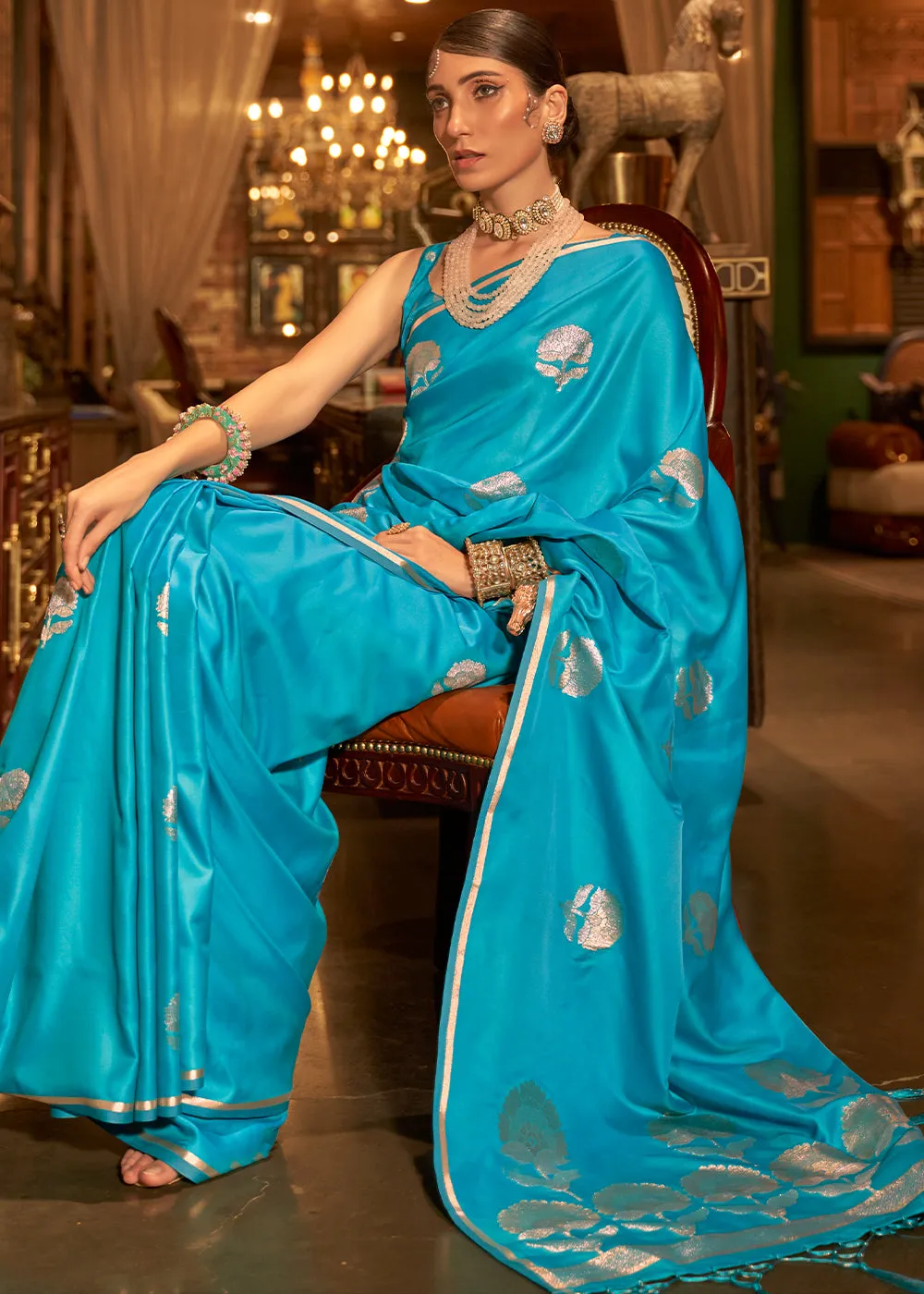 Cyan Blue Zari Woven Satin Silk Saree