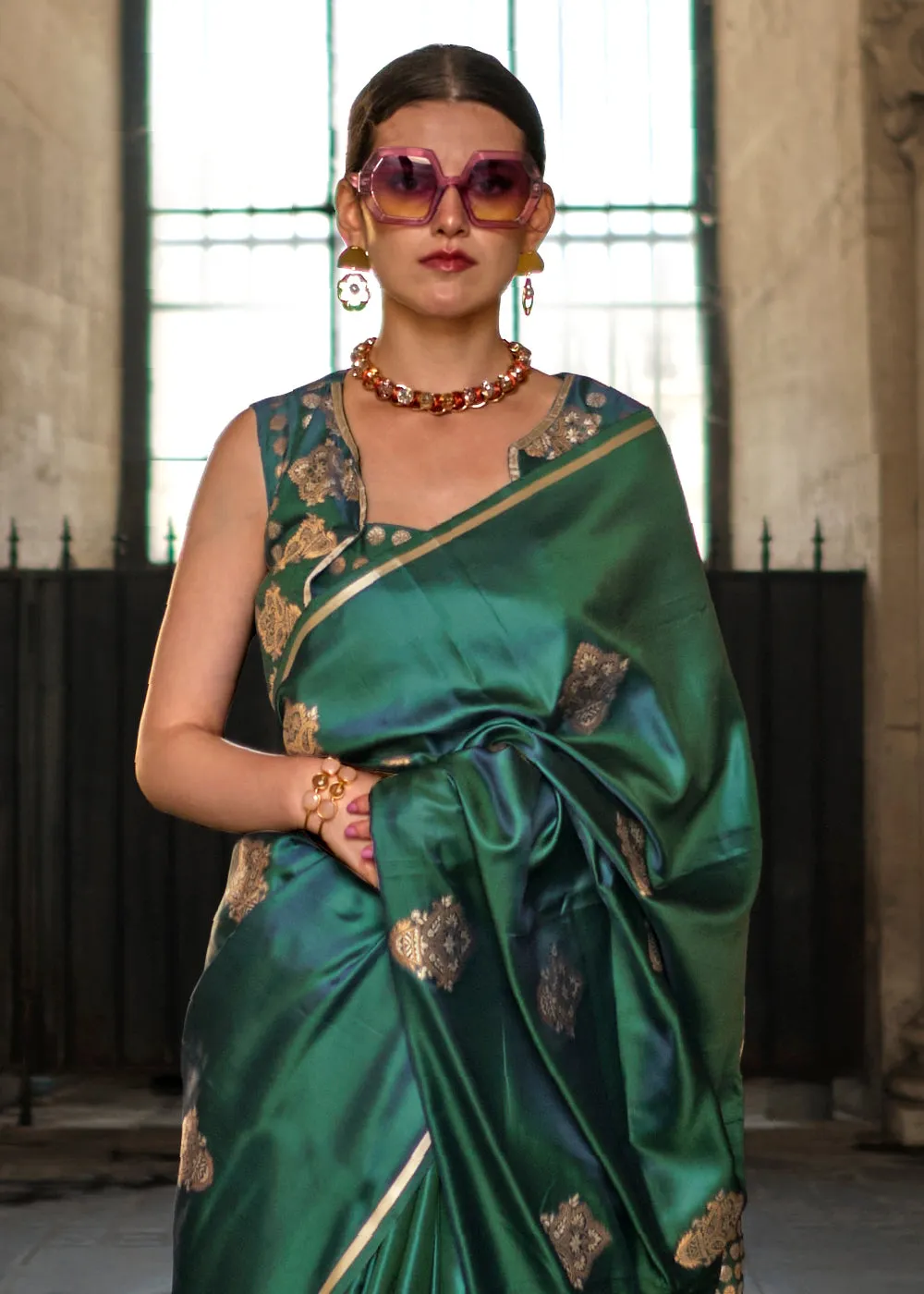 Dark Green Handloom Woven Satin Silk Saree