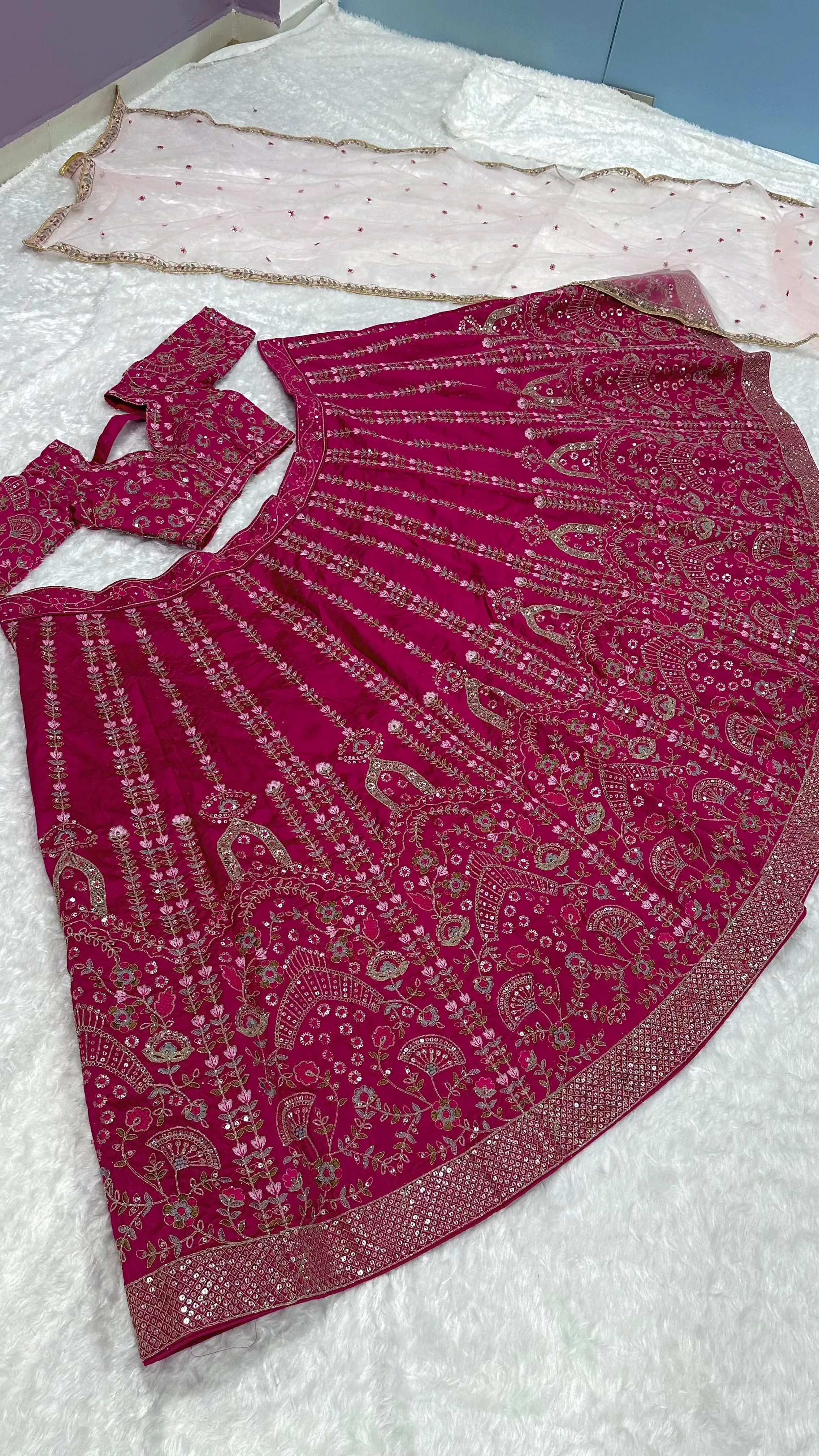 Deep Pink Satin Silk Lehenga Set