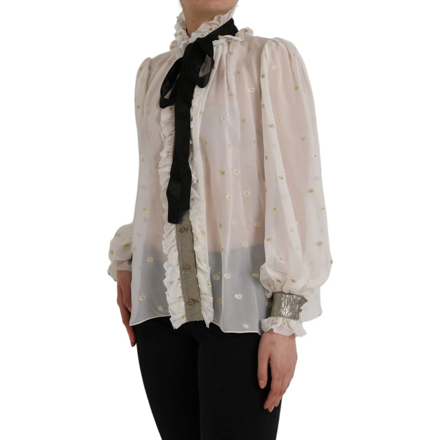 Dolce & Gabbana Off White Silk Blend Ascot Collar Blouse Top