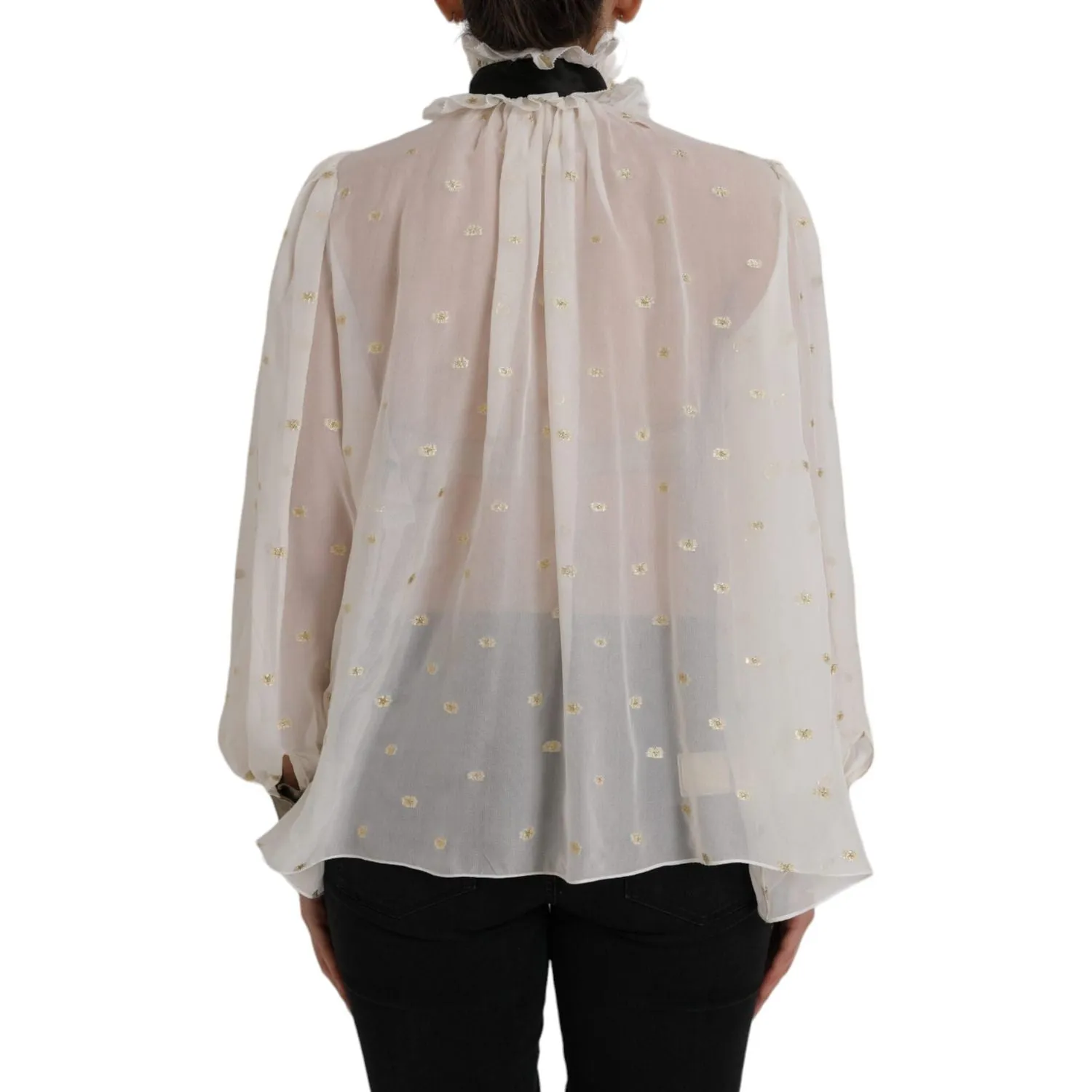 Dolce & Gabbana Off White Silk Blend Ascot Collar Blouse Top