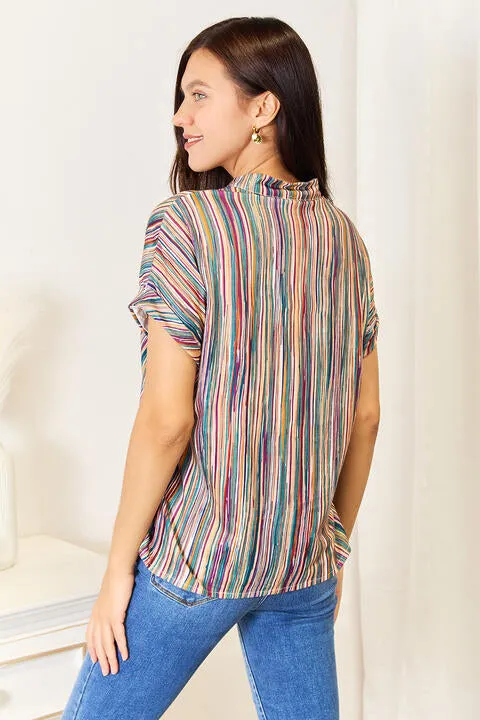 Double Take Multicolored Stripe Notched Neck Top