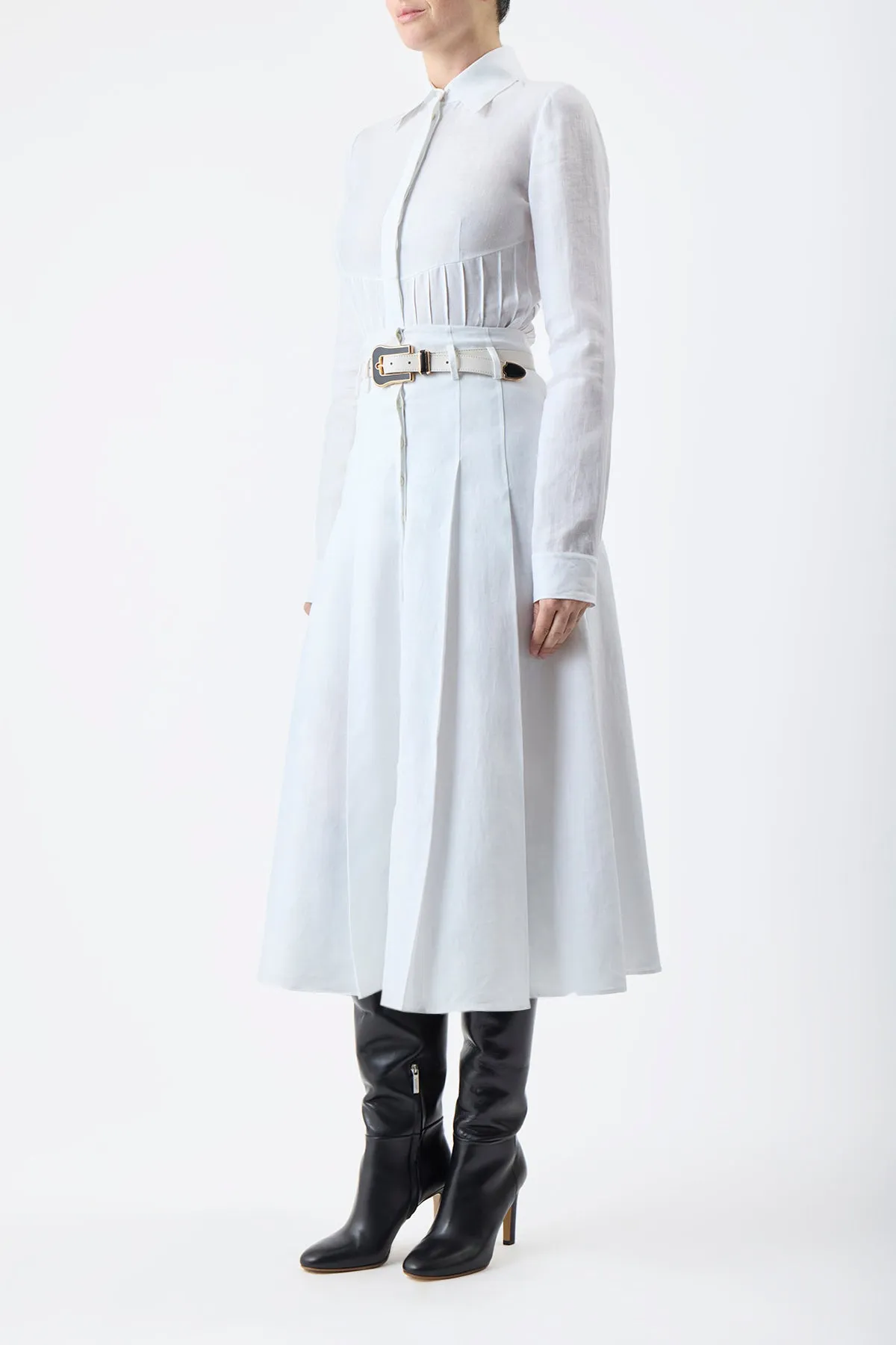 Dugald Pleated Skirt in White Aloe Linen