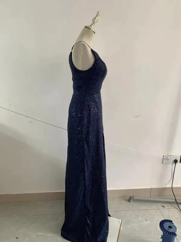 Elegant Navy Blue One-shoulder Sequin Evening Gown