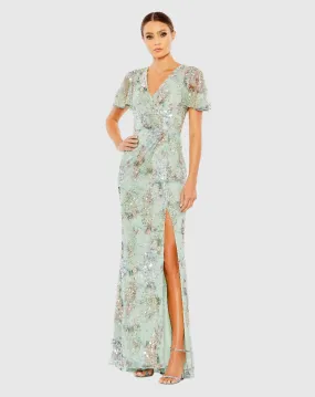 Embellished Butterfly Sleeve Faux Wrap Gown