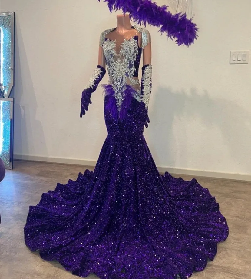 Enigmatic Purple Velvet Sequin Mermaid Long Prom Dress Silver Tassels Crystal Christmas Dress Black Girls Wedding Party Gown