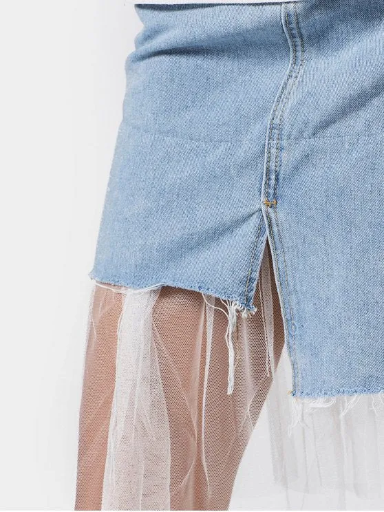 Fashion High Waisted Voile Panel Denim Skirt