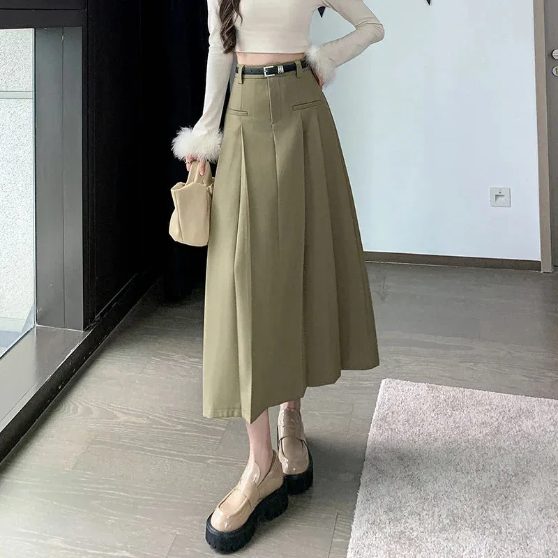 FashionSierra - 2024 Autumn New High Waist Pleated Korean Women Gray Suit Long Ladies Fashion A-line With Belt Skirt