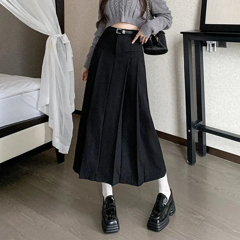 FashionSierra - 2024 Autumn New High Waist Pleated Korean Women Gray Suit Long Ladies Fashion A-line With Belt Skirt