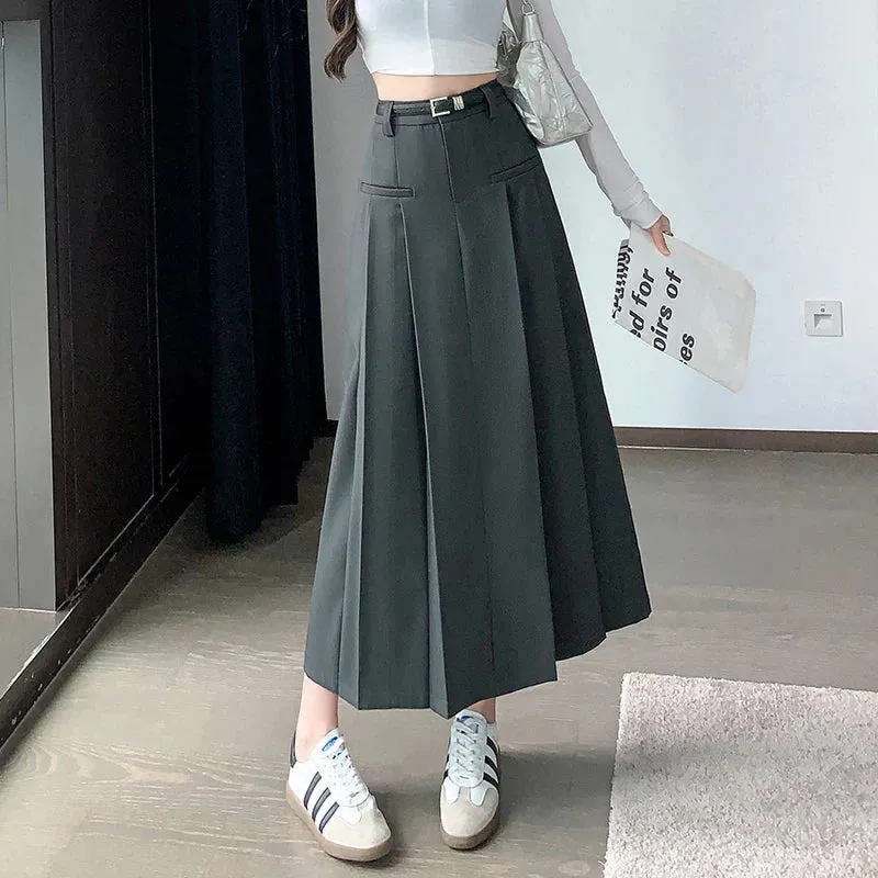 FashionSierra - 2024 Autumn New High Waist Pleated Korean Women Gray Suit Long Ladies Fashion A-line With Belt Skirt