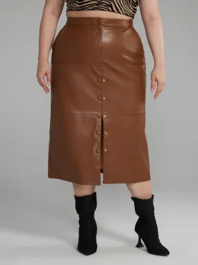 Faux Leather Front Slit Midi Skirt