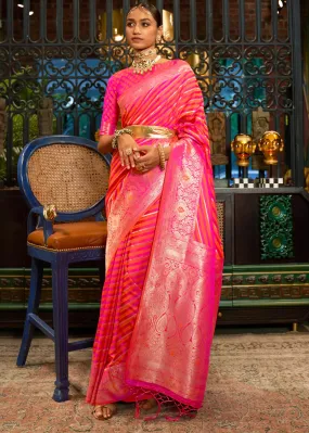 Fiery Rose Pink Zari Woven Satin Silk Saree