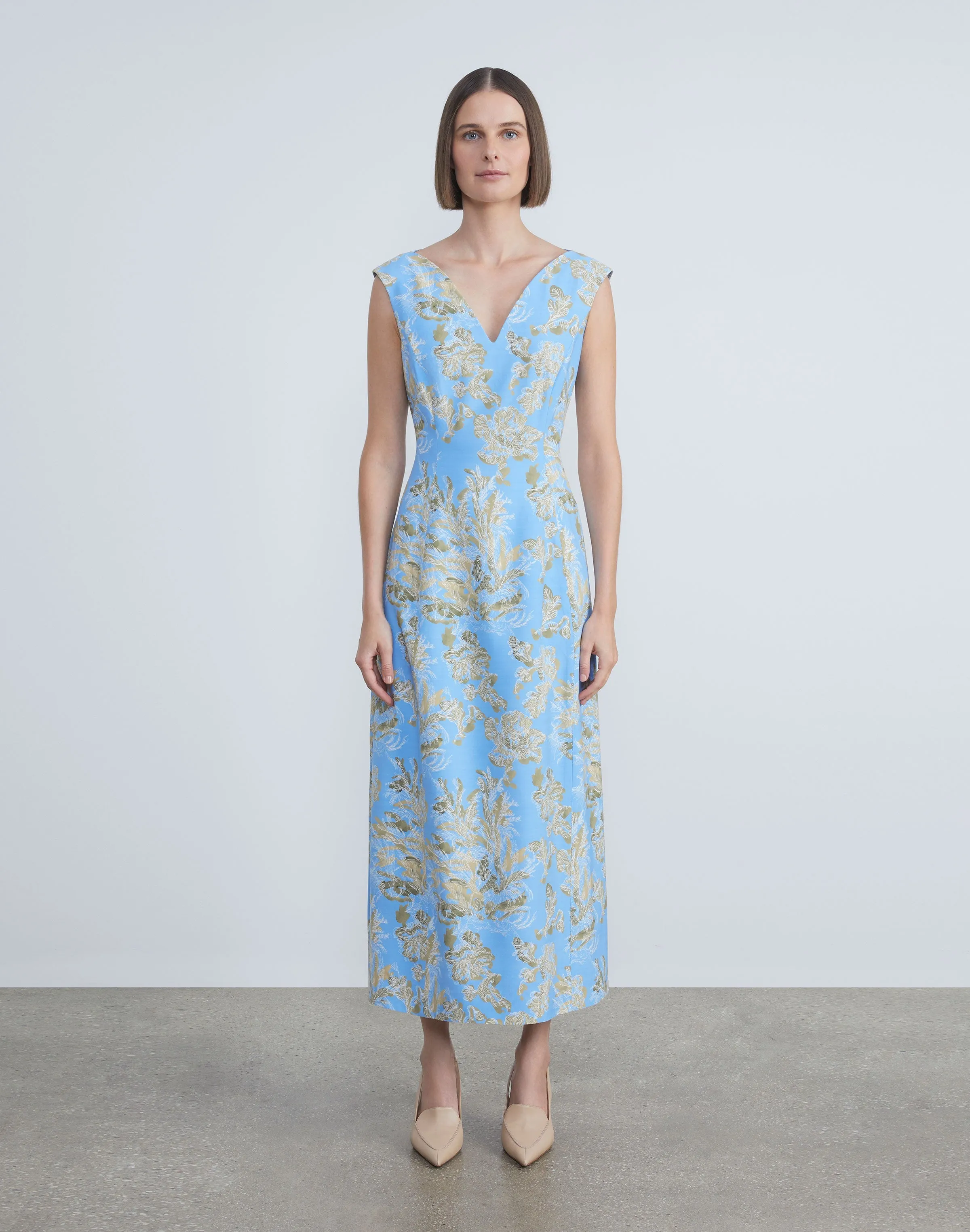 Floral Frost Toile Viscose Portrait Neckline Tulip Dress