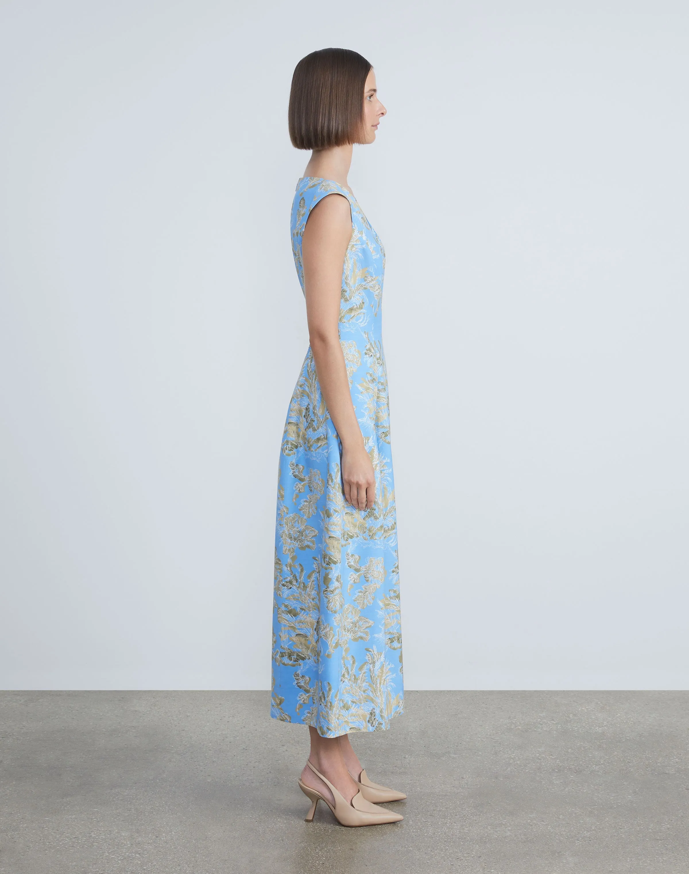 Floral Frost Toile Viscose Portrait Neckline Tulip Dress