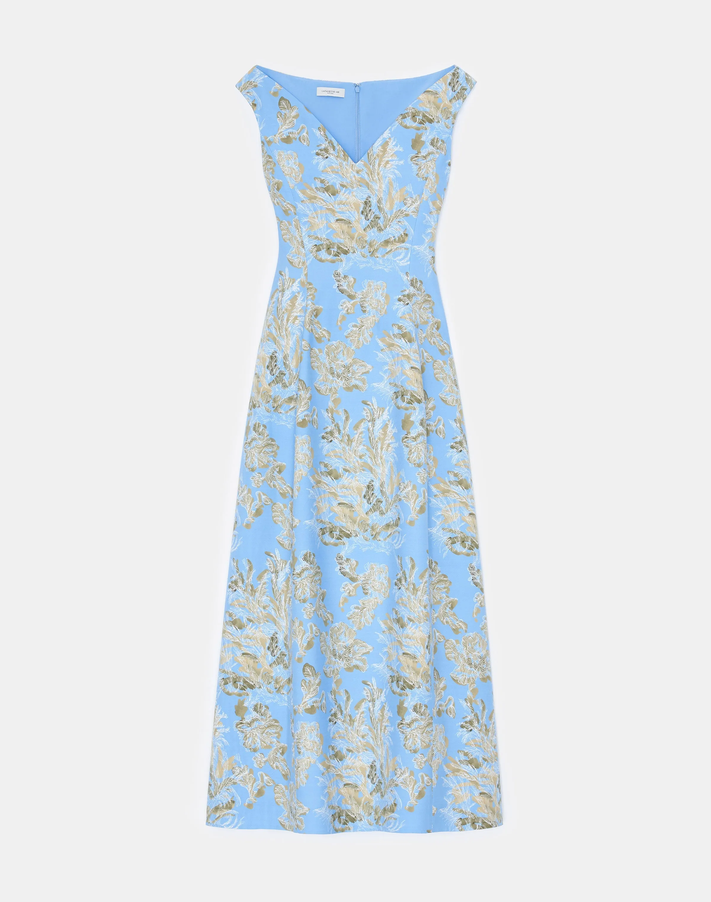 Floral Frost Toile Viscose Portrait Neckline Tulip Dress