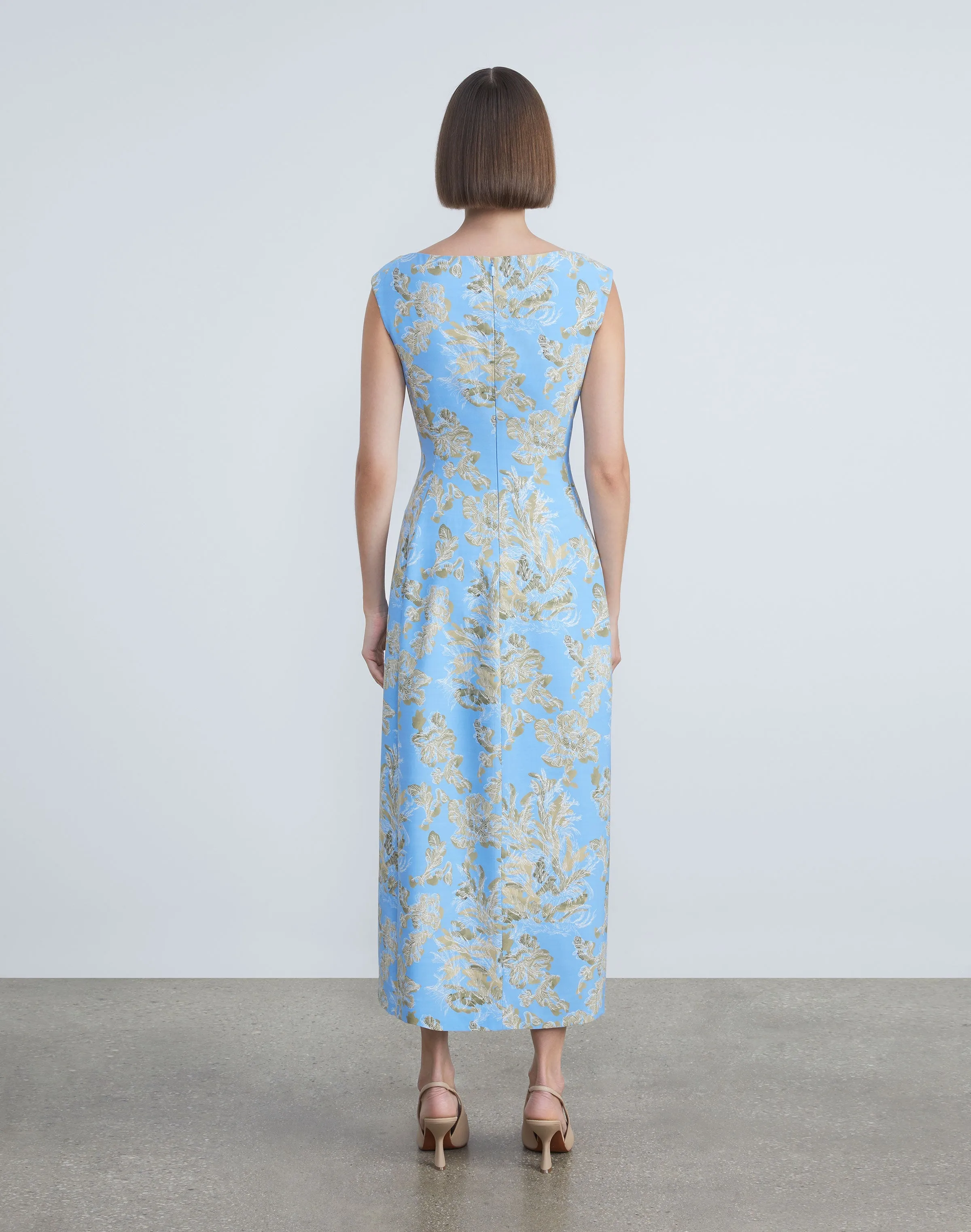 Floral Frost Toile Viscose Portrait Neckline Tulip Dress