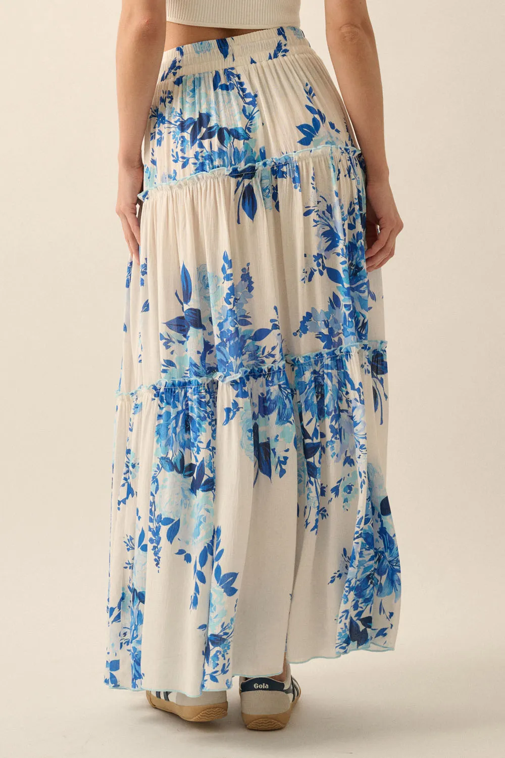 Floral Print Tiered Ruffle Drawstring Maxi Skirt