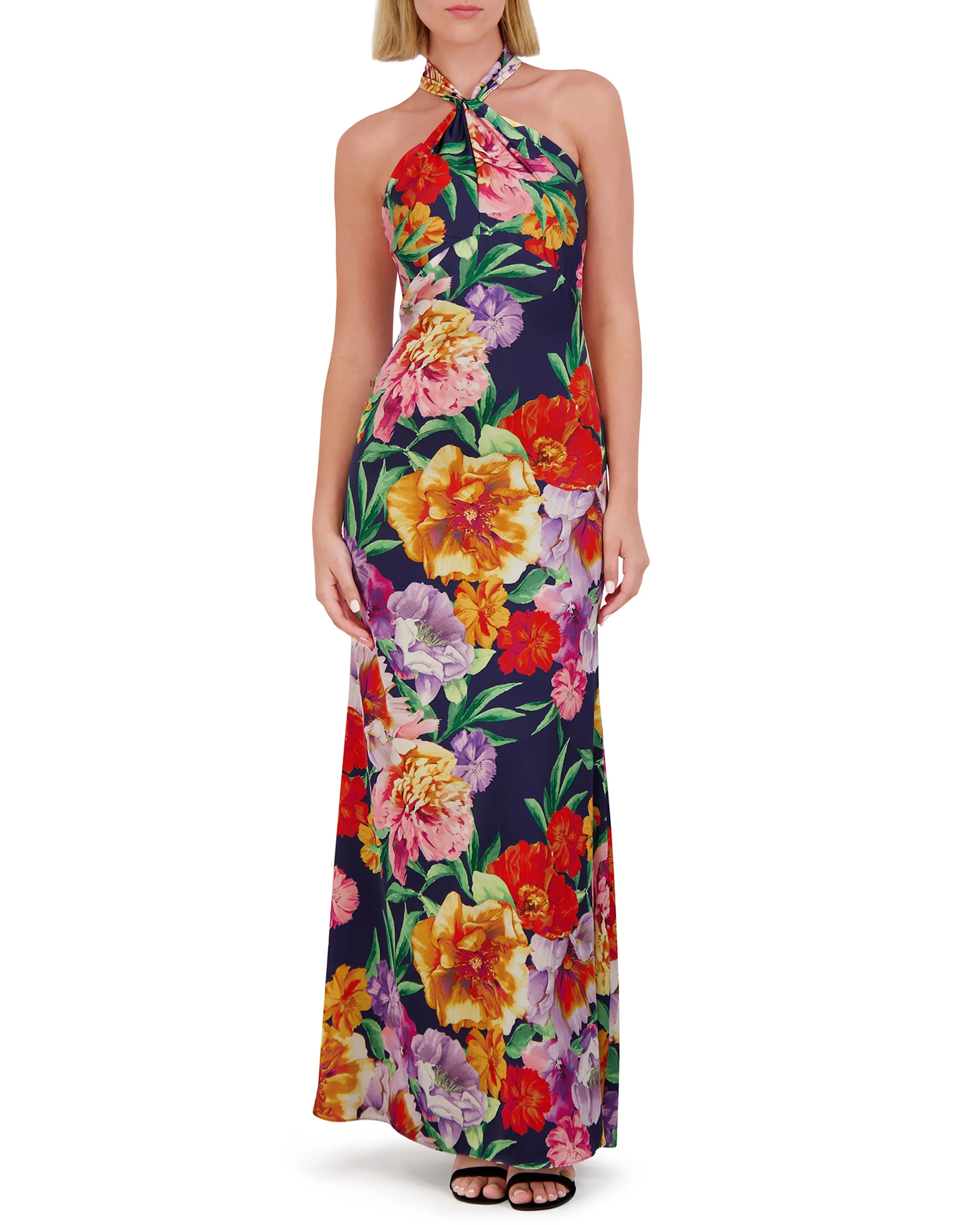 Floral-Print Twist-Top Halter Gown