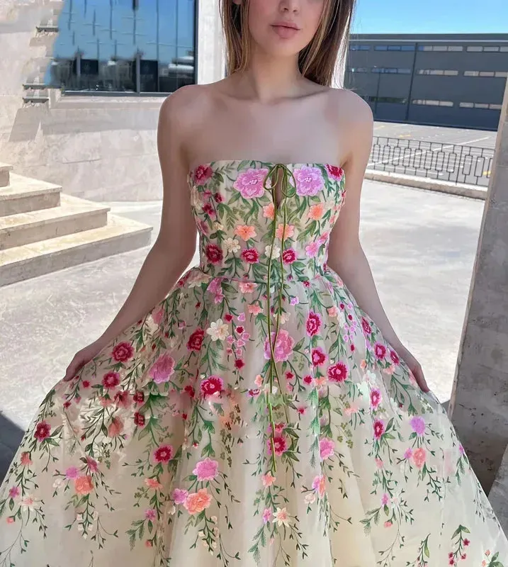 Flower Lace Graduation Party Dress Sexy Strapless Tea Long A-Line Celebrity Prom Gown Special Event Vestidos De Gala