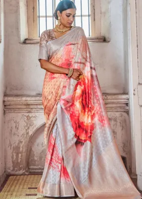 Fog Grey Printed Satin Silk Saree