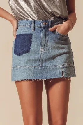 Front Pocket Detail Washed Denim Mini Skirt