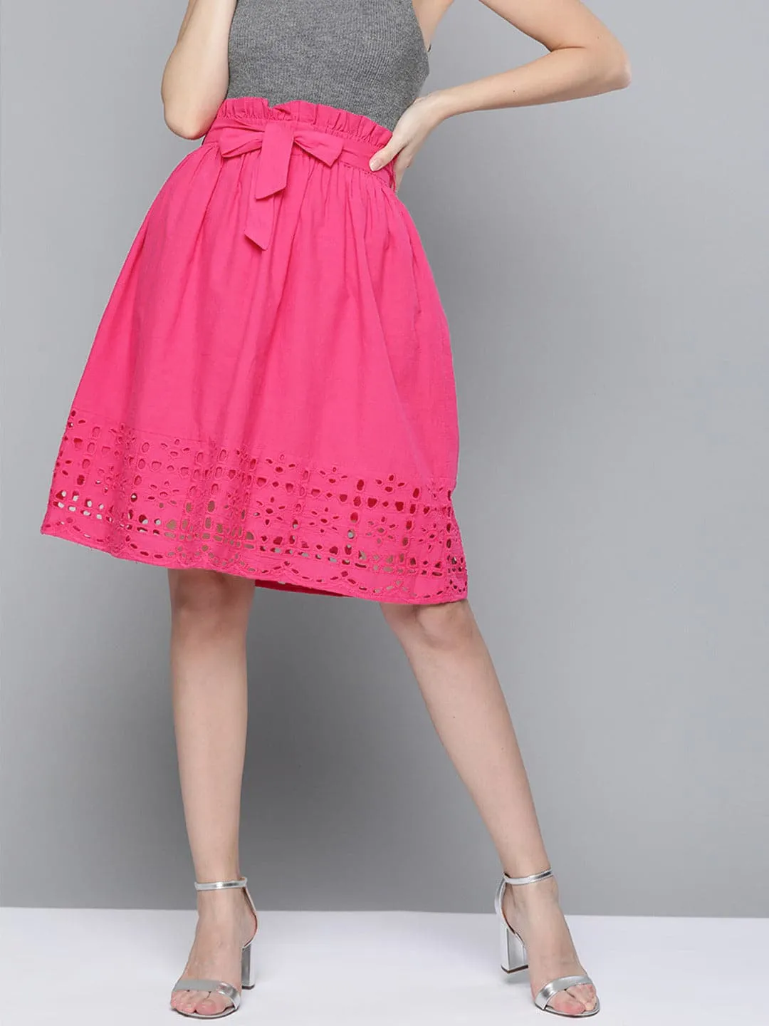 Fuchsia Schiffli Flared Midi Skirt