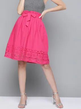 Fuchsia Schiffli Flared Midi Skirt