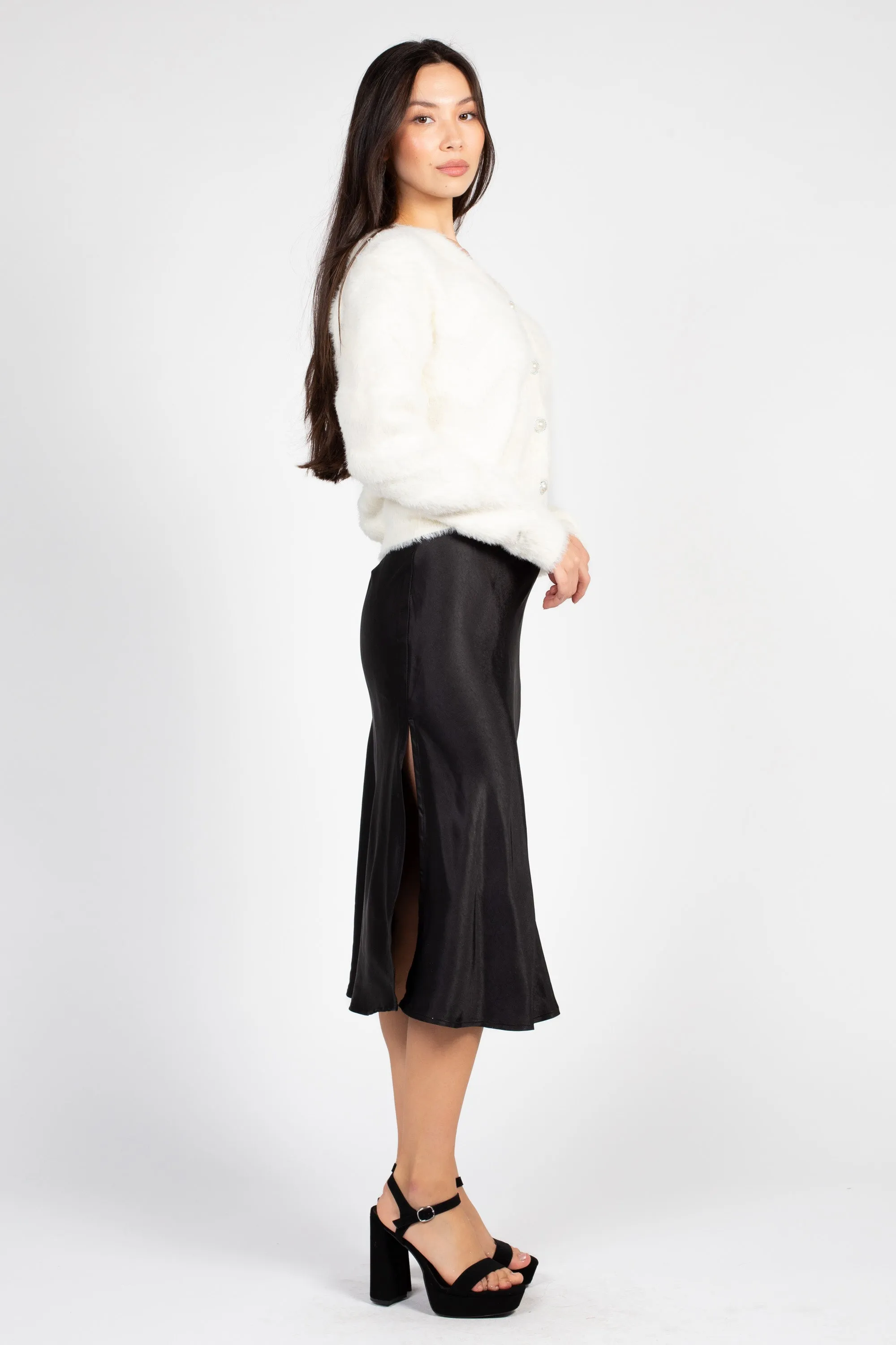 Gianina Side Slit Satin Midi Slip Skirt