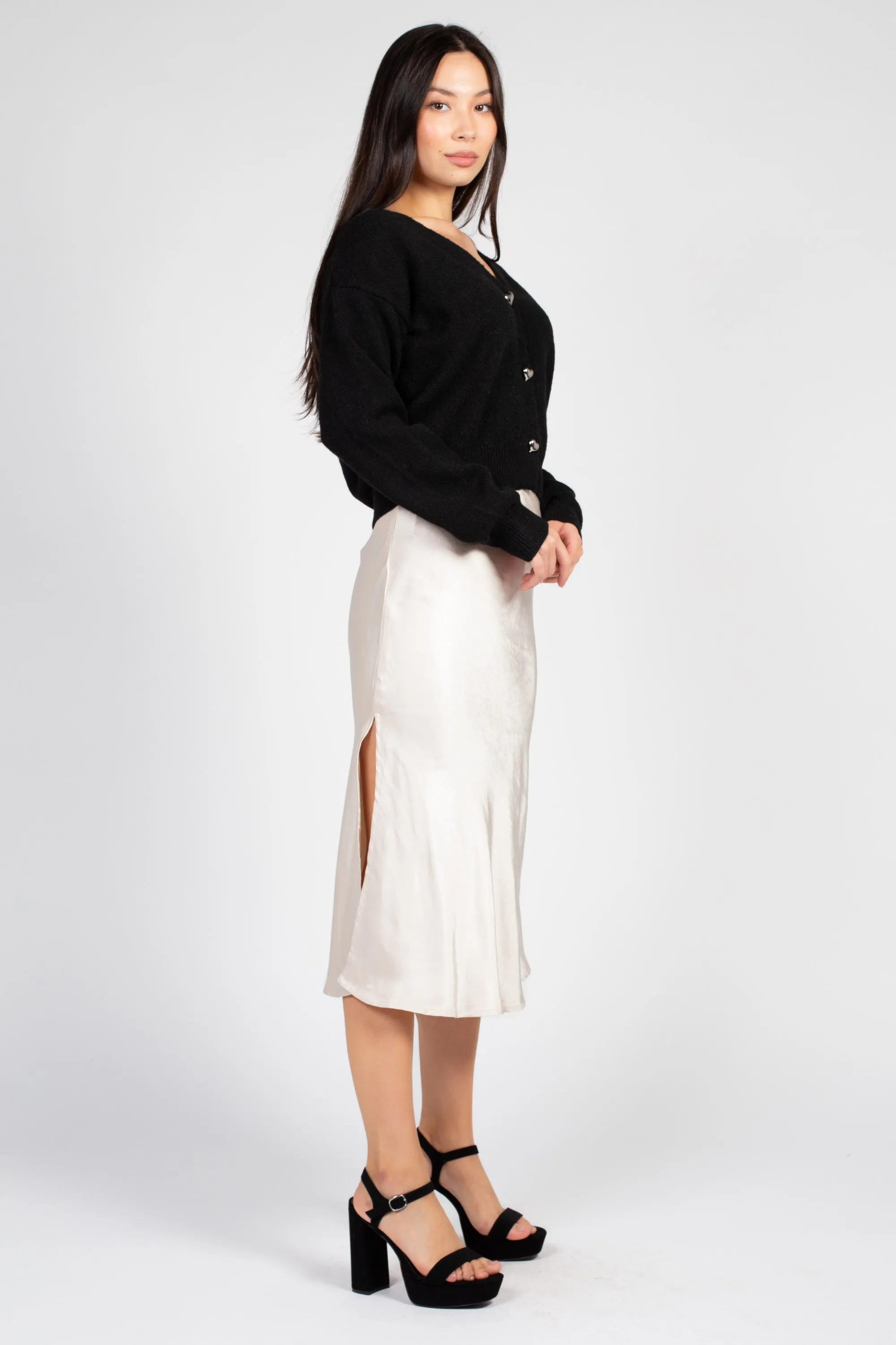 Gianina Side Slit Satin Midi Slip Skirt