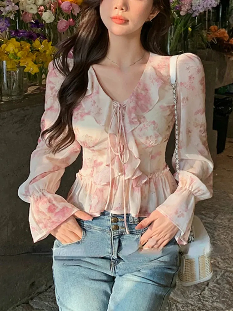 Girlary Chiffon Print Elegant Vintage Blouse Women Flare Sleeve Fairy Sweet Blouse Female Ruffles France Style Causal Tops Summer