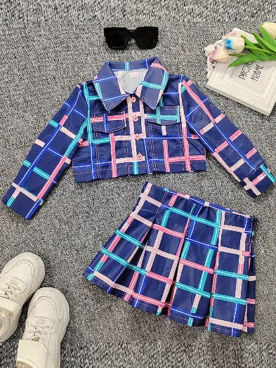 Girls Trendy Outfits 2PC Button Graphic Lapel Shirt   Pleated Skirt Set