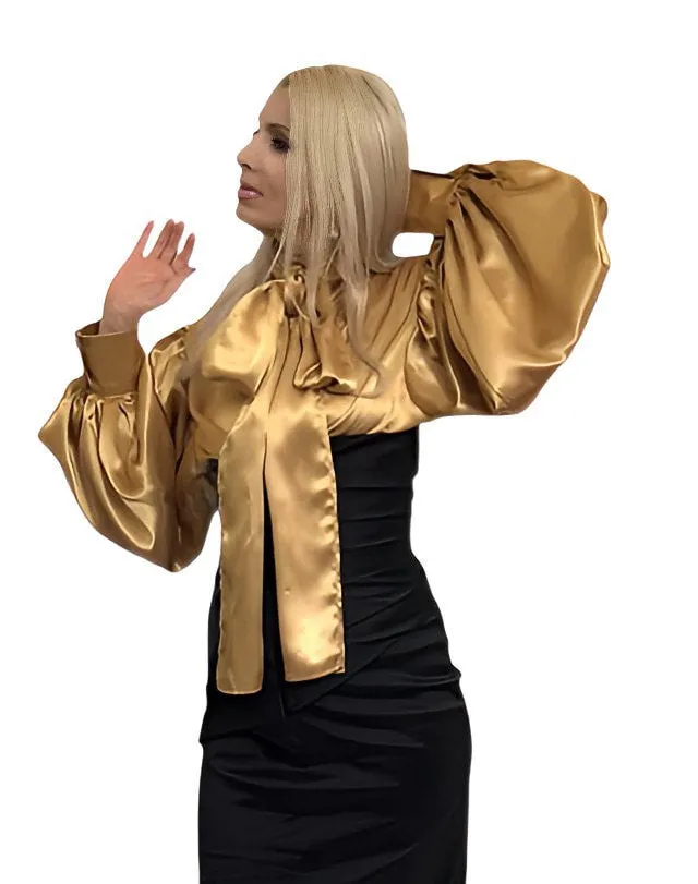 Gold pussy-bow silk puff sleeve blouse in sizes women XS S M L XL 2XL 3XL 4XL