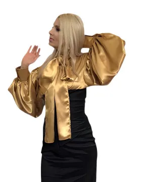 Gold pussy-bow silk puff sleeve blouse in sizes women XS S M L XL 2XL 3XL 4XL