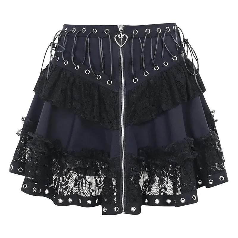 Gothic Vintage High Zipper Front Japanese Kawaii Black Cosplay Skirt