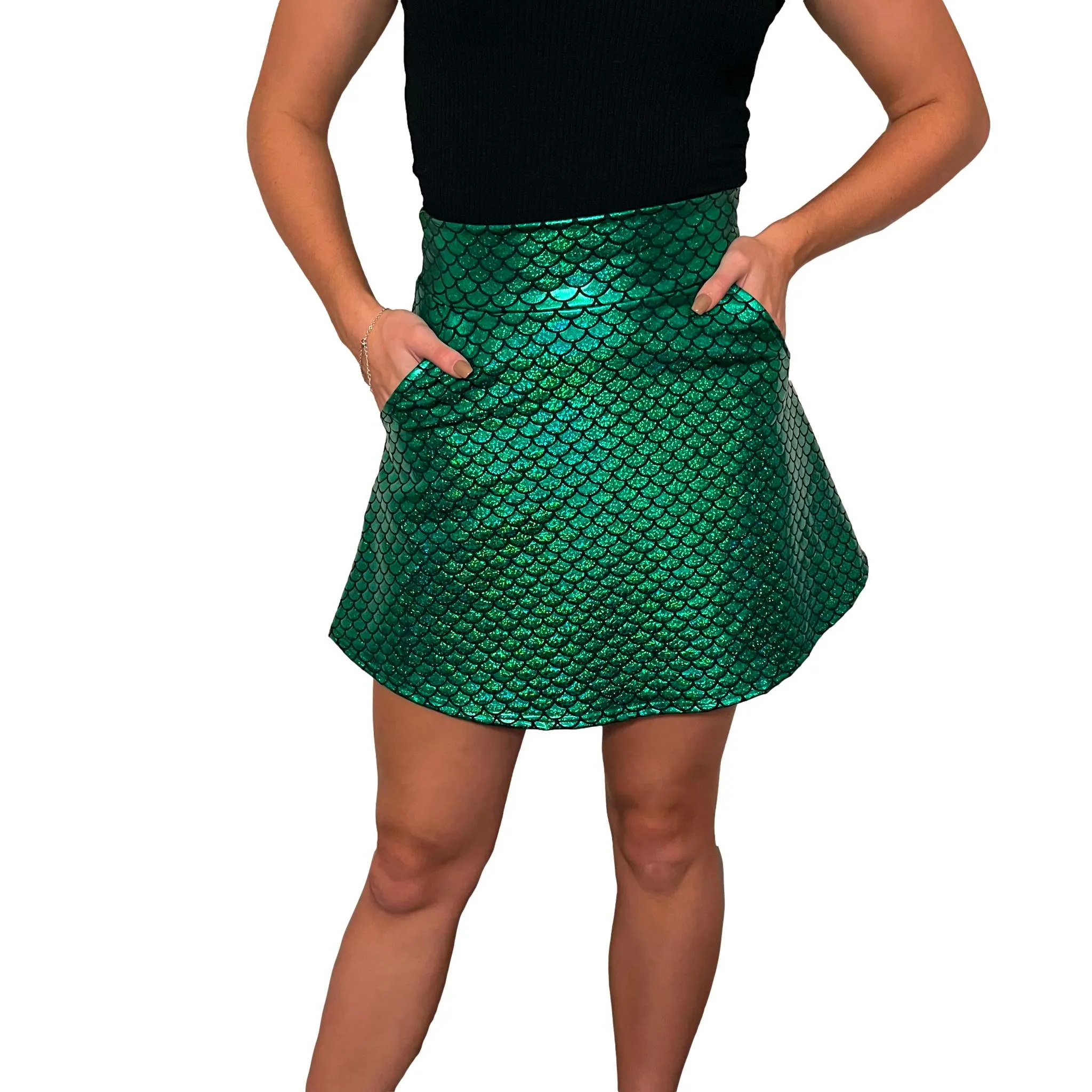 Green Mermaid Holographic A-line Skirt w/Optional Pockets