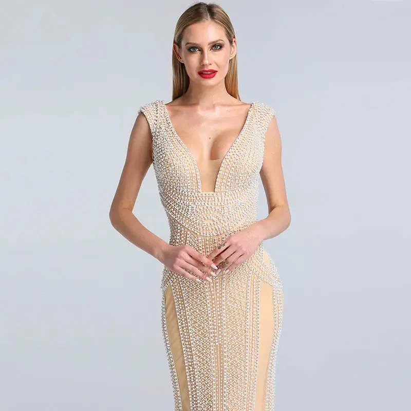 Halle Pearls Luxury Sleeveless Evening Dress