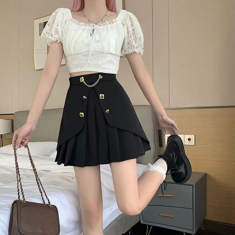 High Waist A-Line Front Button Pattern Pleated Mini Skirt