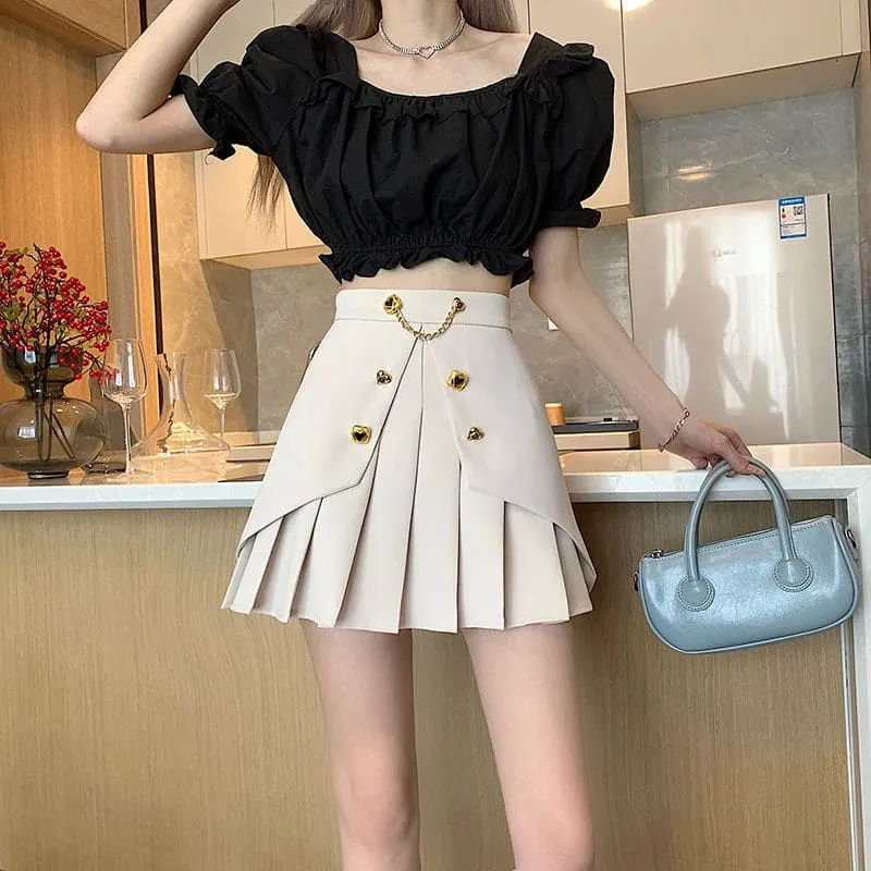 High Waist A-Line Front Button Pattern Pleated Mini Skirt