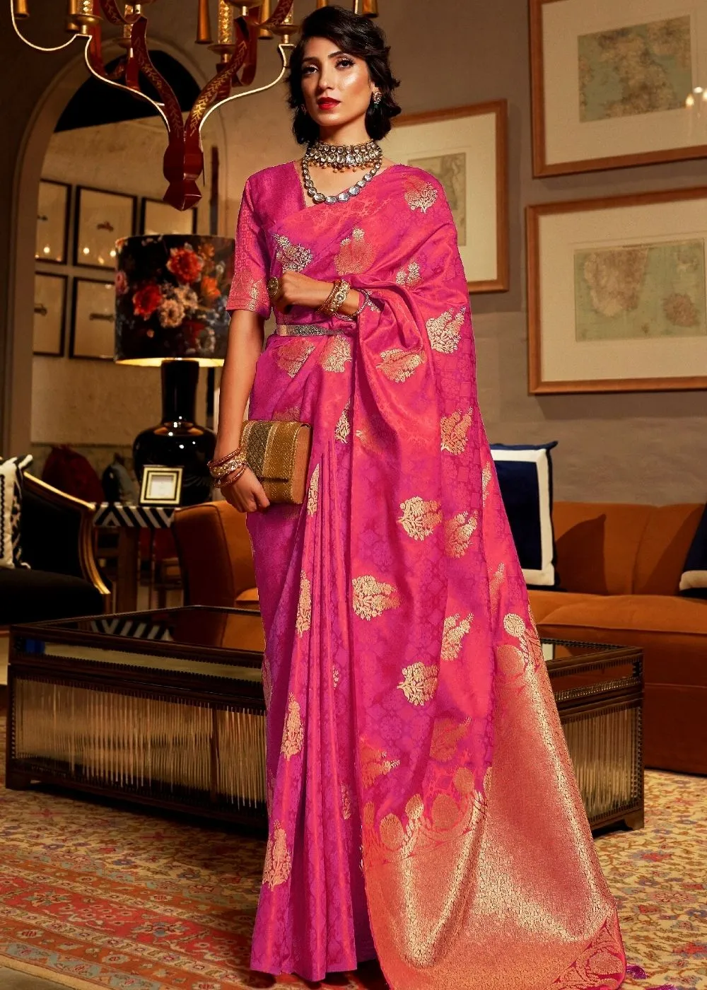 Hot Pink Satin Woven Silk Saree with overall Golden Buti