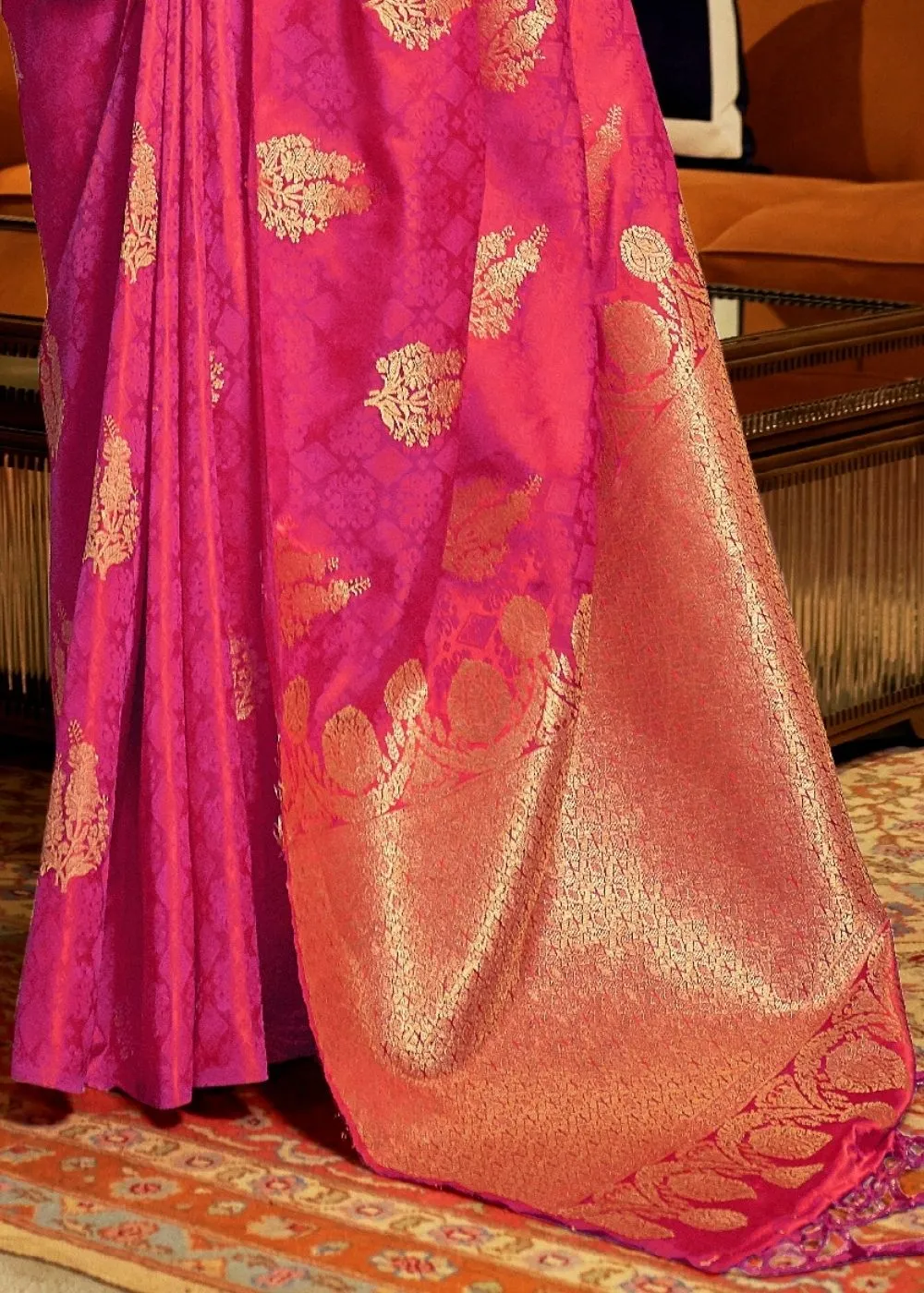 Hot Pink Satin Woven Silk Saree with overall Golden Buti