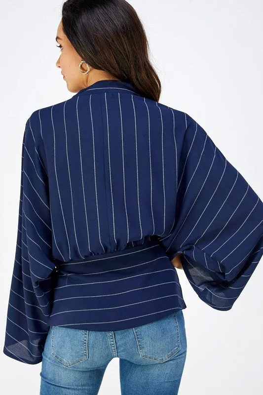 Joslin Dolman Sleeve Surplice Stripe Print Waist Tie Top Navy