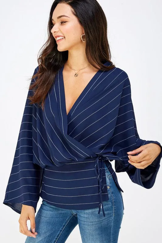 Joslin Dolman Sleeve Surplice Stripe Print Waist Tie Top Navy