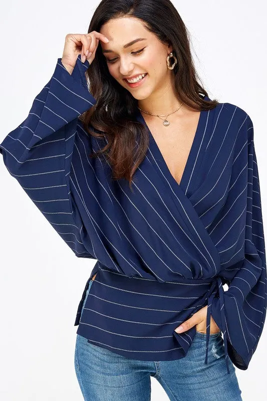 Joslin Dolman Sleeve Surplice Stripe Print Waist Tie Top Navy