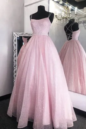 kamahe Shiny Light Pink Long Prom Dress,Back Open Formal Party Gown