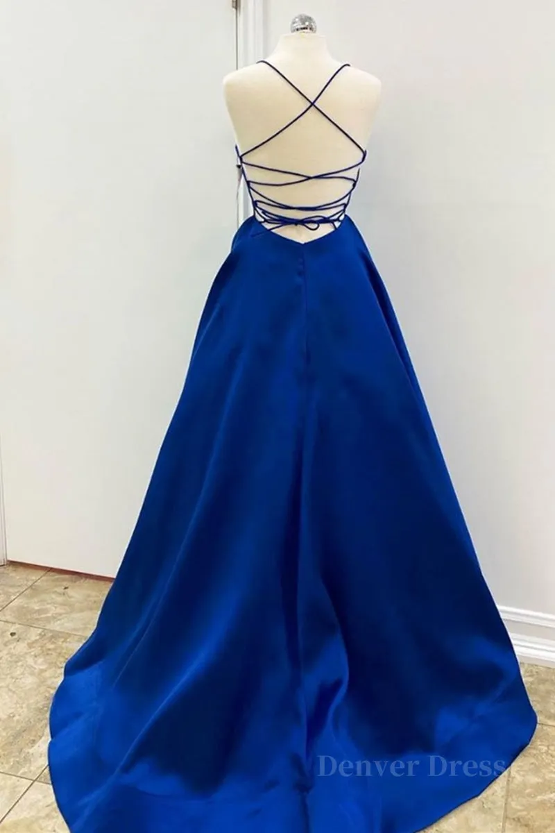 kamahe Simple V Neck Backless Royal Blue Satin Long Prom Dress, Royal Blue Backless Formal Dress, Royal Blue Evening Dress, Ball Gown