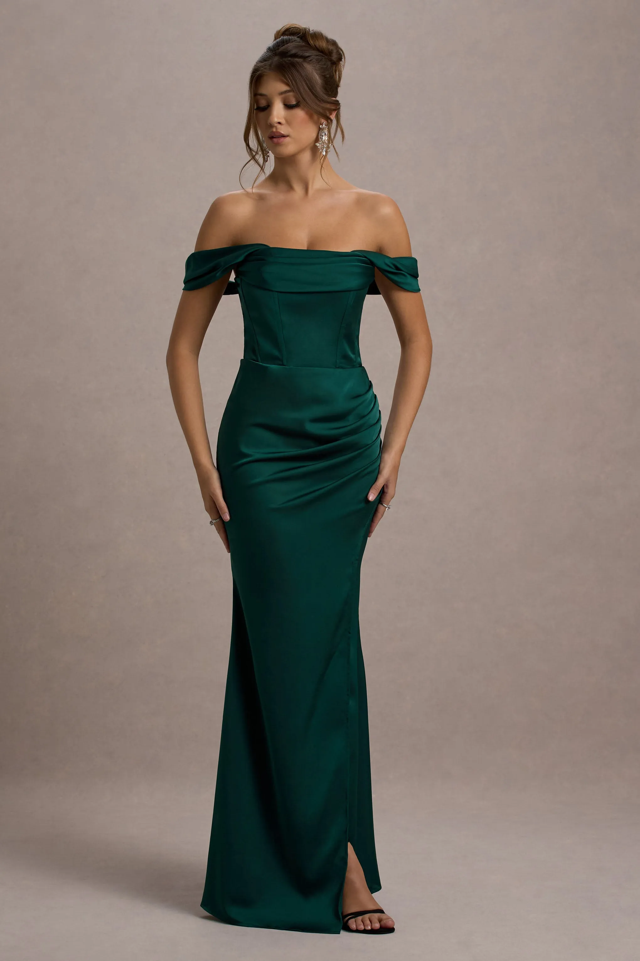 Kimberly | Bottle Green Bardot Fishtail Satin Maxi Dress